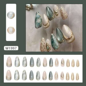 Green marble and gold detailed press on nails