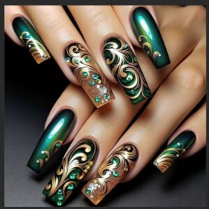 Green and gold patterned press on nails
